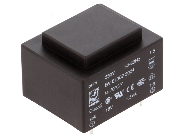 Transformator: ingegoten; 1,5VA; 230VAC; 18V; 83mA; PCB; BVEI Transformator: ingegoten; 1,5VA; 230VAC; 18V; 83mA; PCB; BVEI